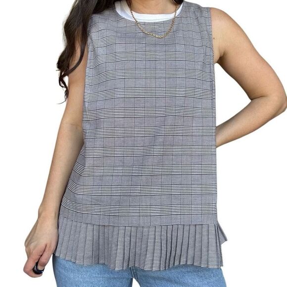 J. Jill Pleated-Hem Sleeveless Black Cream Top Blouse Size Medium Plaid NWOT - Picture 1 of 7